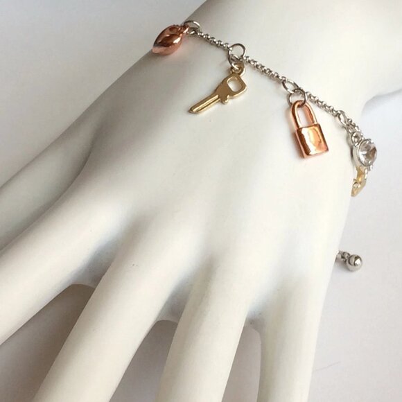 Heart Lock Key Crown Charm Bracelet Anklet 6-8" Love Queen Tri Color Gold Plated - Picture 10 of 12